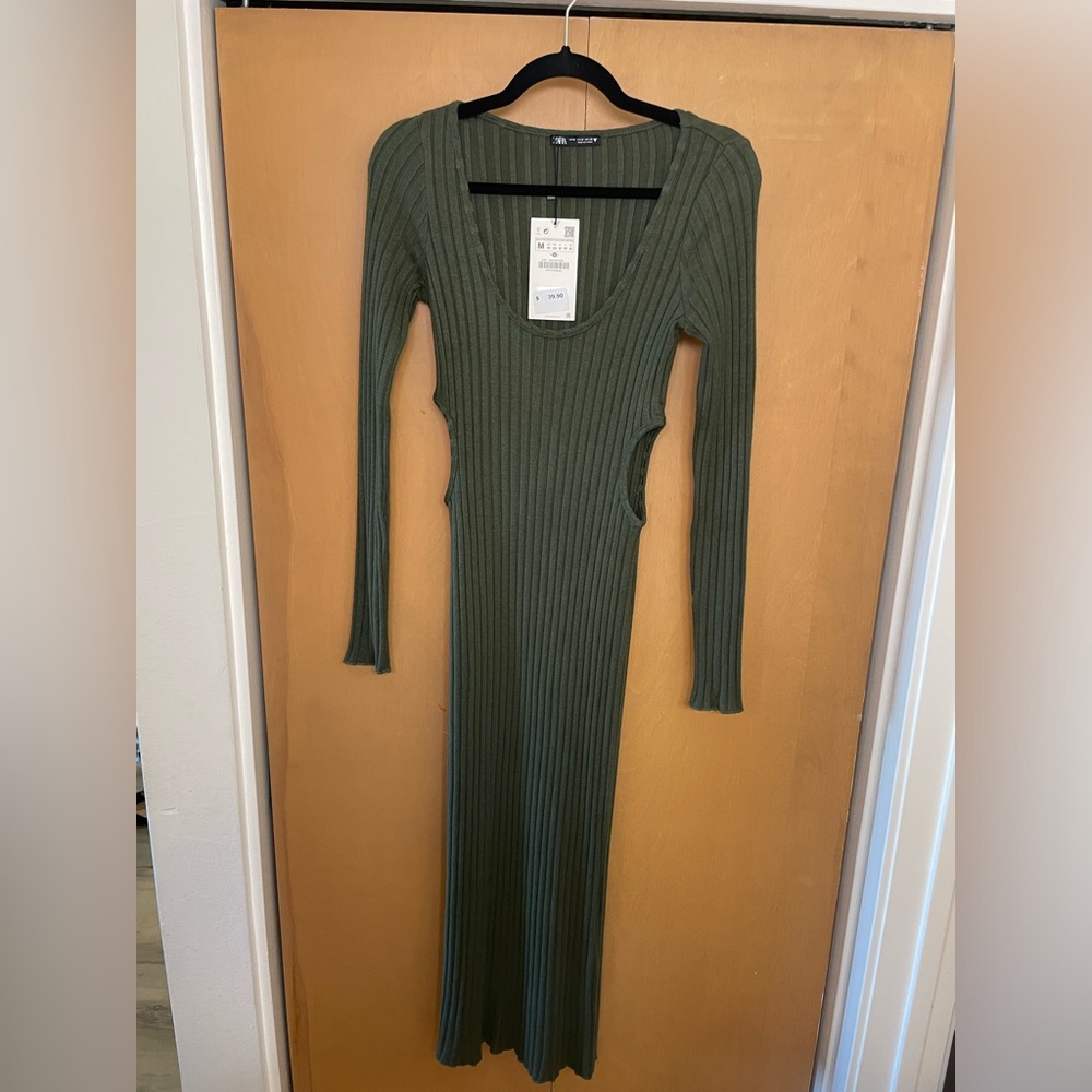 Zara midi olive green dress. Brand new! Side cut outs for elegant and sexy fit